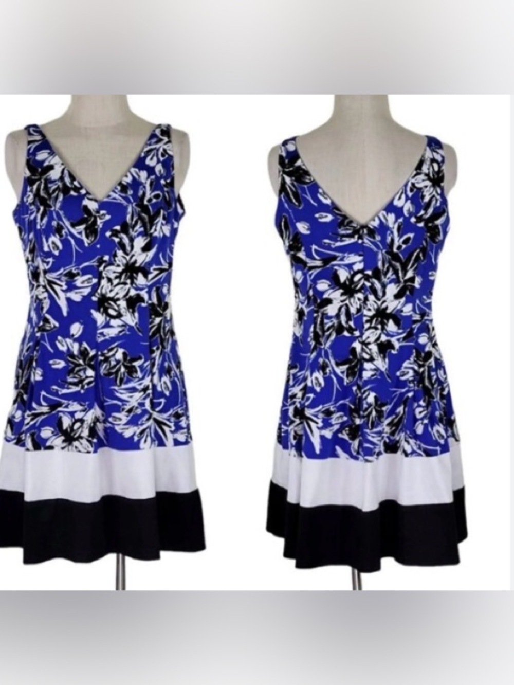 Ralph Lauren Blue Floral V-Neck Midi Dress with Black & White Trim NWOT Size16